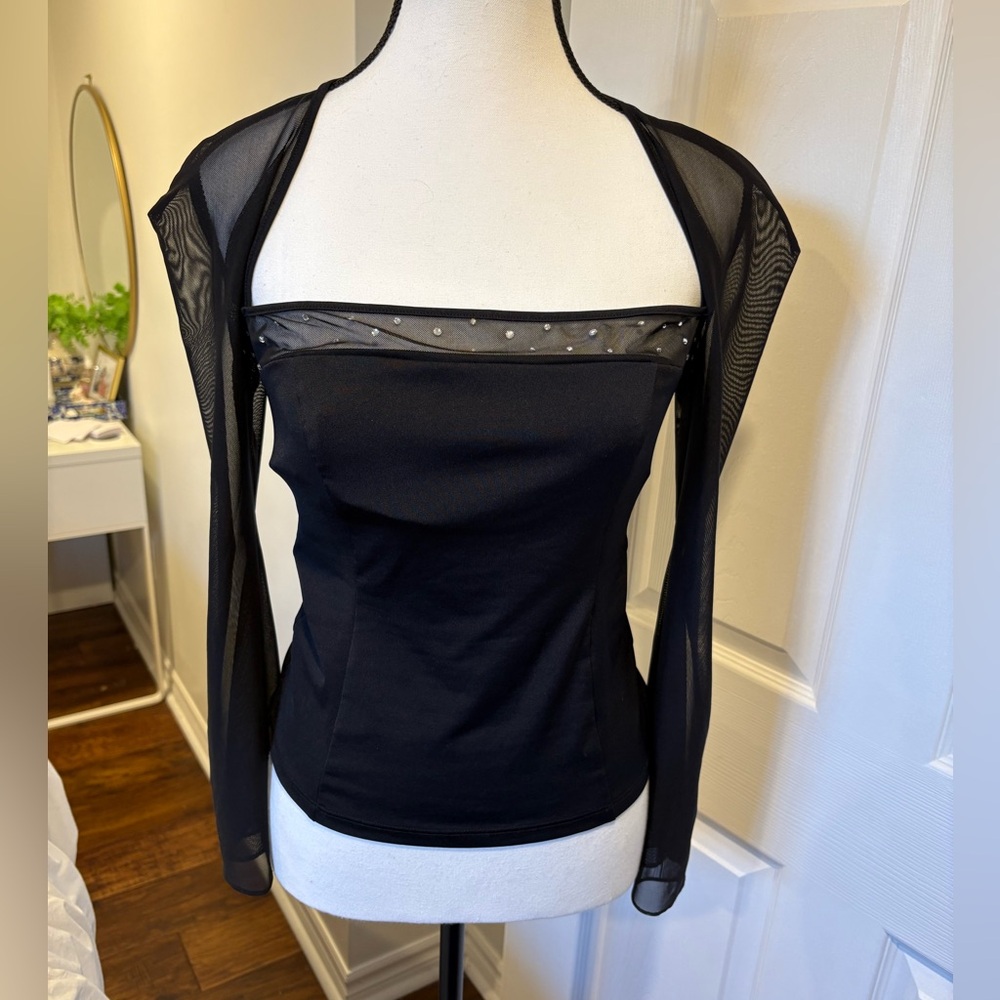 Y2K Dolcezza Black Mesh Open Back Fairy Grunge Goth Rhinestone Top S